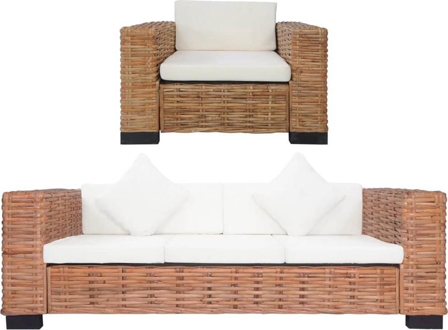 VidaXL 2-delig Bankstel Natuurlijk Rattan Bruin crème Rattan Bank Bruine Bank Lounge Bank Buitenbank Tuinbank Loungebank Design Bank Moderne Bank Fauteuils - Foto 2