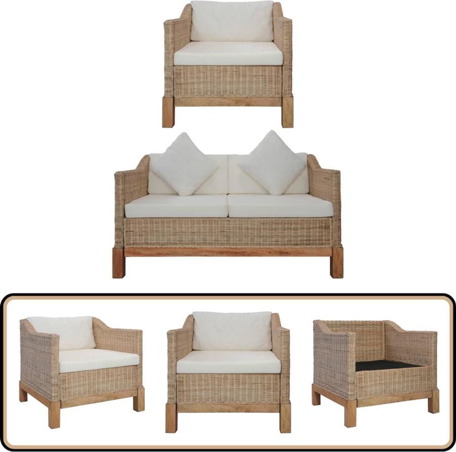 VidaXL 2-delig Bankstel Natuurlijk Rattan Inclusief Kussens Rattan Bank Bankstel Bruin Lounge Set Buiten Meubilair Tuinbank