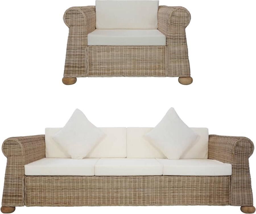 VidaXL 2-delig Bankstel Natuurlijk Rattan Inclusief Kussens Rattan Bank Bankstel Lounge Set Buiten Meubilair Tuinbank Loungebank Balkon Meubel Terrasmeubelen - Foto 2