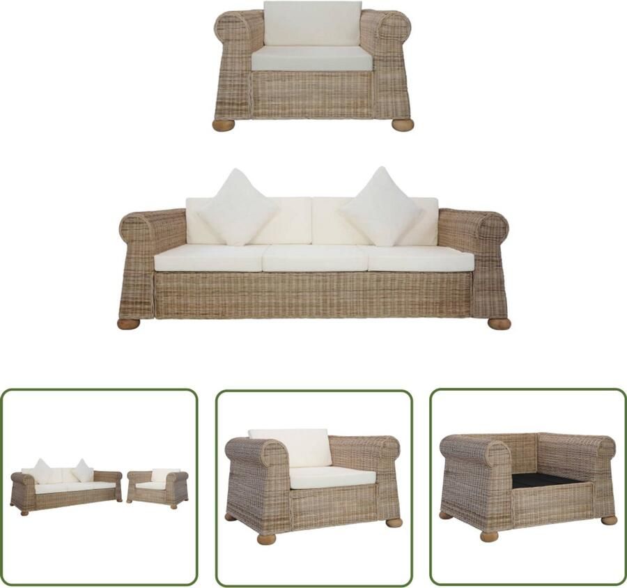 VidaXL 2-delig Bankstel Natuurlijk Rattan Inclusief Kussens Rattan Bank Bankstel Lounge Set Buiten Meubilair Tuinbank Loungebank Balkon Meubel Terrasmeubelen