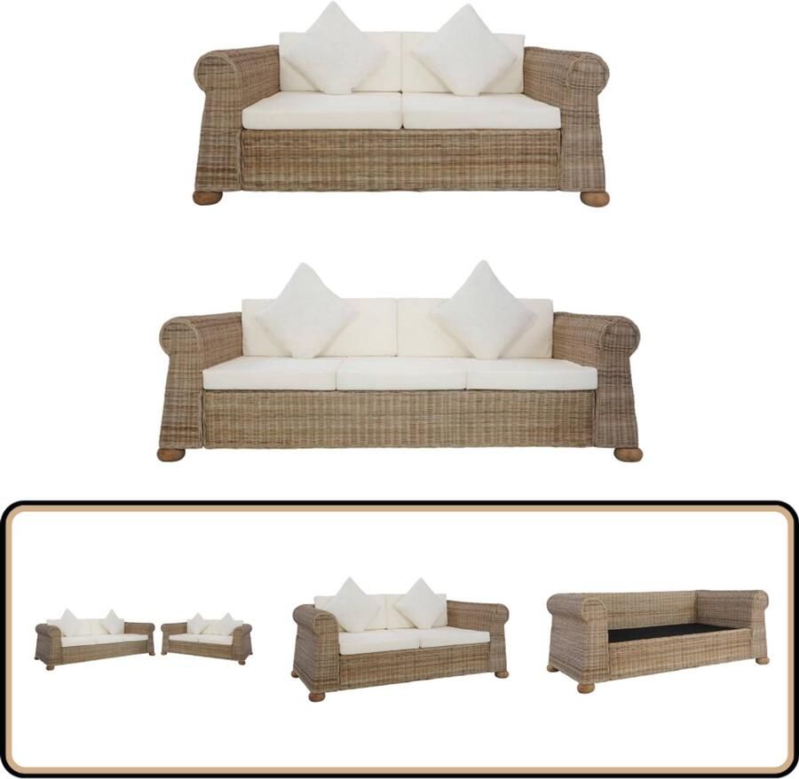 VidaXL 2-delig Bankstel Natuurlijk Rattan Inclusief Kussens Rattan Bank Bankstel Lounge Set Buitenbank Tuinbank