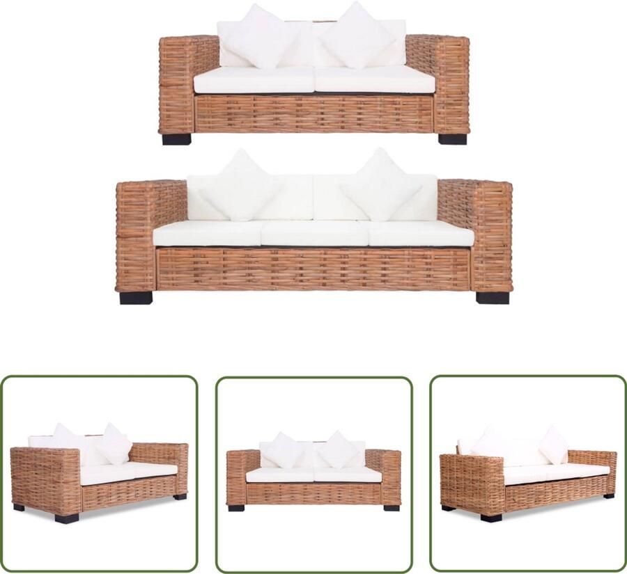 VidaXL 2-delig bankstel Natuurlijk rattan Inclusief kussens Rattan Bank Loungeset Buitenbank Tuinbank Bruine Bank Creme Witte Bank 2 Persoons Bank 3 Persoons Bank