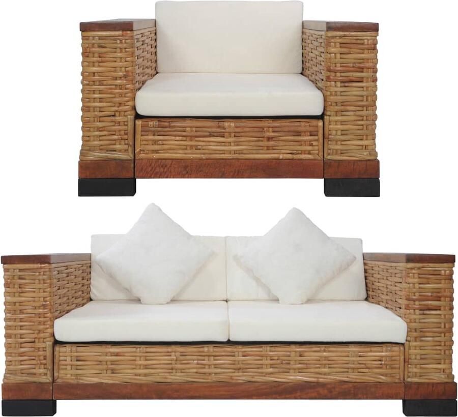 VidaXL 2-delig Bankstel Rattan Bruin & Crème Rattan Bank Lounge Set Tuinset Buitendrank Balkon Meubilair Bruine Bank Creme Witte Bank - Foto 2