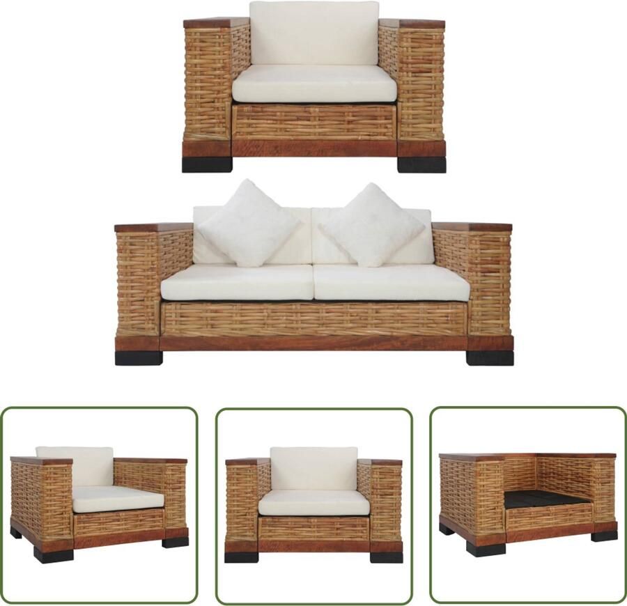 VidaXL 2-delig Bankstel Rattan Bruin & Crème Rattan Bank Lounge Set Tuinset Buitendrank Balkon Meubilair Bruine Bank Creme Witte Bank