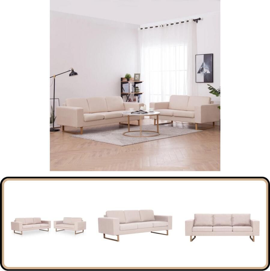 VidaXL 2-delig Bankstel Stof Crème Bankstel Tweezitsbank Driezitsbank Creme Kleur Stofbankstel