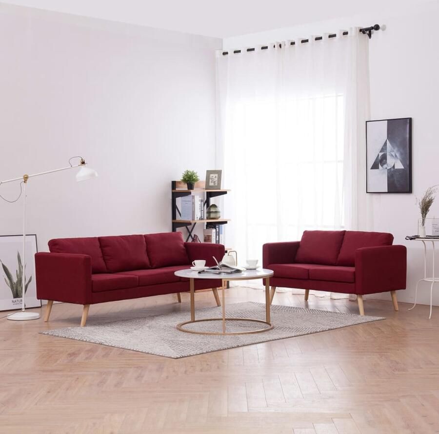 The Living Store Stoffen Bankstel 2-delig Wijnrood Houten Frame Breedte zitting 100cm Stoffen Bankstel 2 Persoons Bank 3 Persoons Bank Rood Bankstel Lounge Set