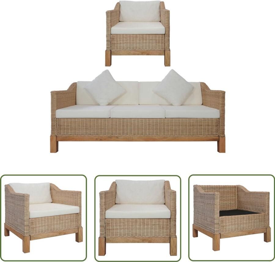 VidaXL 2-delig Bankstel van natuurlijk rattan Bank Lounge Set Buiten Meubilair Tuinbank Fauteuils Loungebank