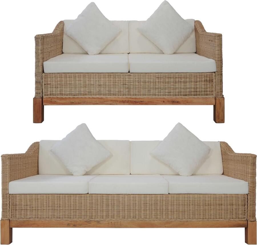 VidaXL 2-delig Bankstel van Natuurlijk Rattan Meubels Buitenkamer Lounge Tuin Tuinset Loungeset Balkon Meubelen Terras Meubilair Bruine Bank Twee Zits Bank Drie Zits Bank - Foto 2