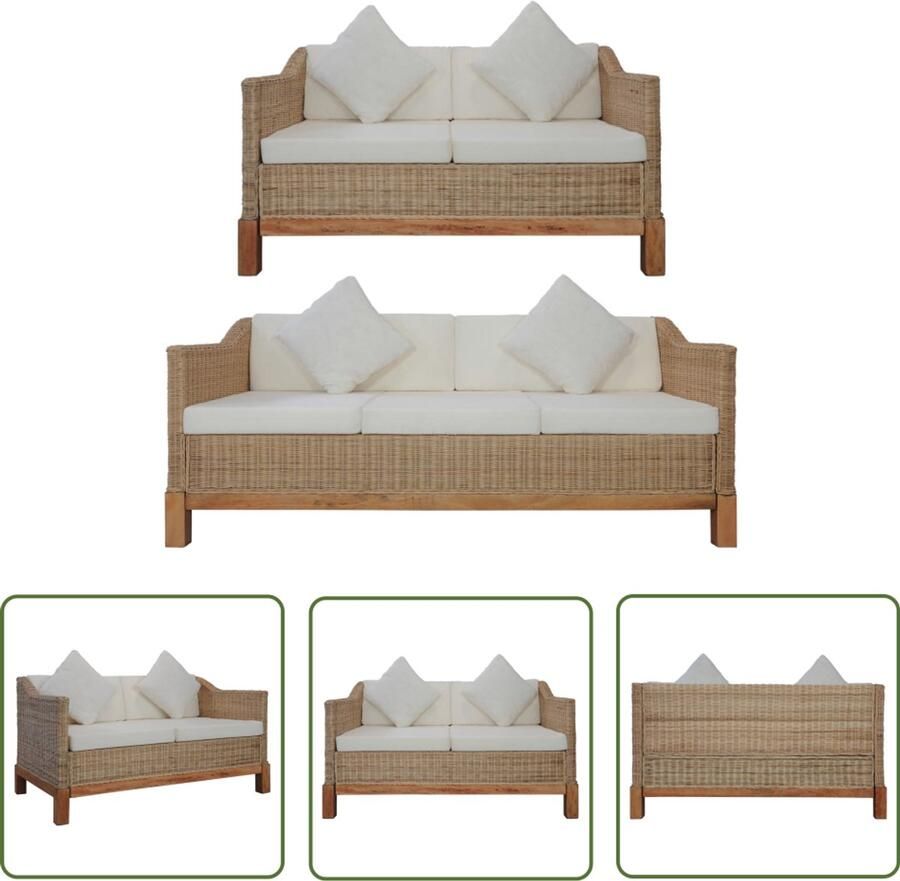 VidaXL 2-delig Bankstel van Natuurlijk Rattan Meubels Buitenkamer Lounge Tuin Tuinset Loungeset Balkon Meubelen Terras Meubilair Bruine Bank Twee Zits Bank Drie Zits Bank