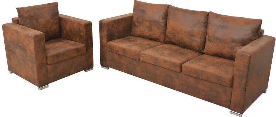VidaXL 2-delige bankenset kunstsuède bruin Bruine Bankstellen Leder Look Sofa Bruine Fauteuils Vintage Meubels Lounge Stoelen Huiskamerspullen Relaxfauteuil 3 Persoons Bank - Foto 2