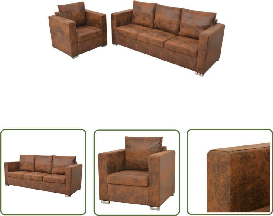 VidaXL 2-delige bankenset kunstsuède bruin Bruine Bankstellen Leder Look Sofa Bruine Fauteuils Vintage Meubels Lounge Stoelen Huiskamerspullen Relaxfauteuil 3 Persoons Bank