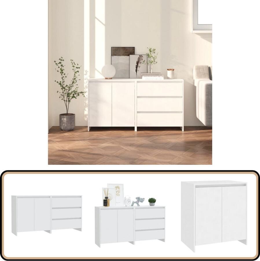 The Living Store 2 st Dressoirs bewerkt hout wit Opbergkast Bijzettafel Kastje Houten Kast Witte Kast