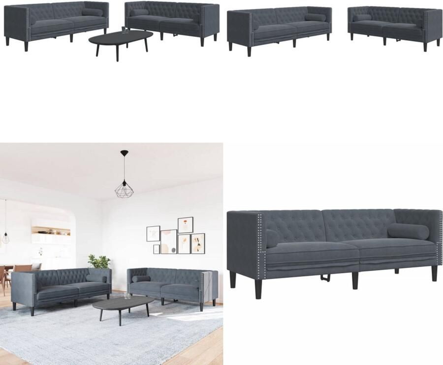 VidaXL 2-delige Loungeset Chesterfield en bolsters fluweel donkergrijs Chesterfield Loungeset Chesterfield Loungesets Chesterfield Bank Loungeset