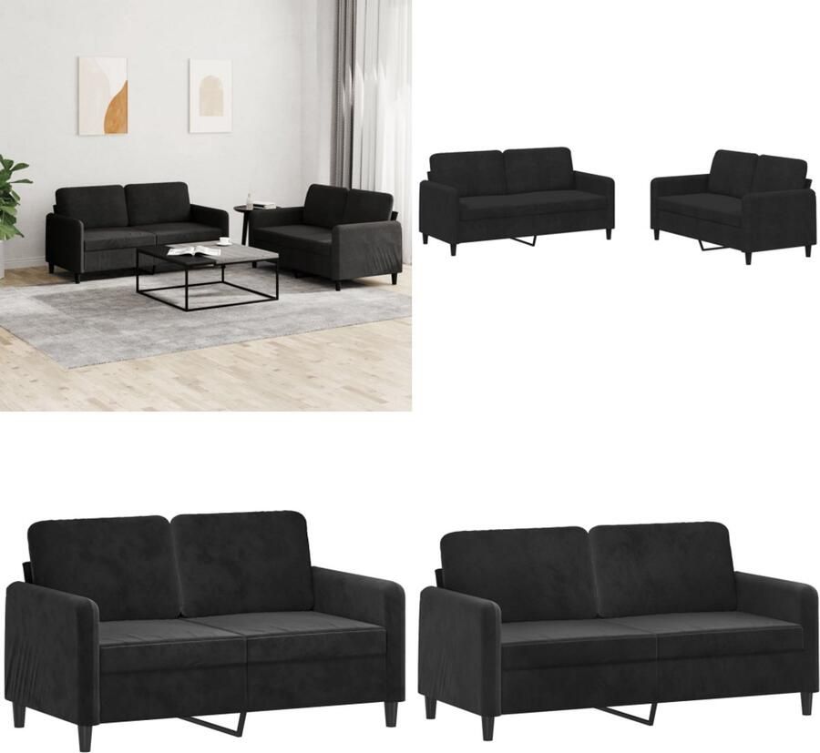 VidaXL 2-delige Loungeset fluweel zwart Bankstel Bankstellen Fauteuil 2-zitsbank