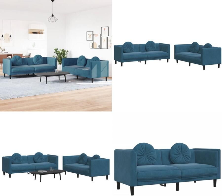 VidaXL 2-delige Loungeset met kussens fluweel blauw Bankstel Bankstellen Bankenset Bank