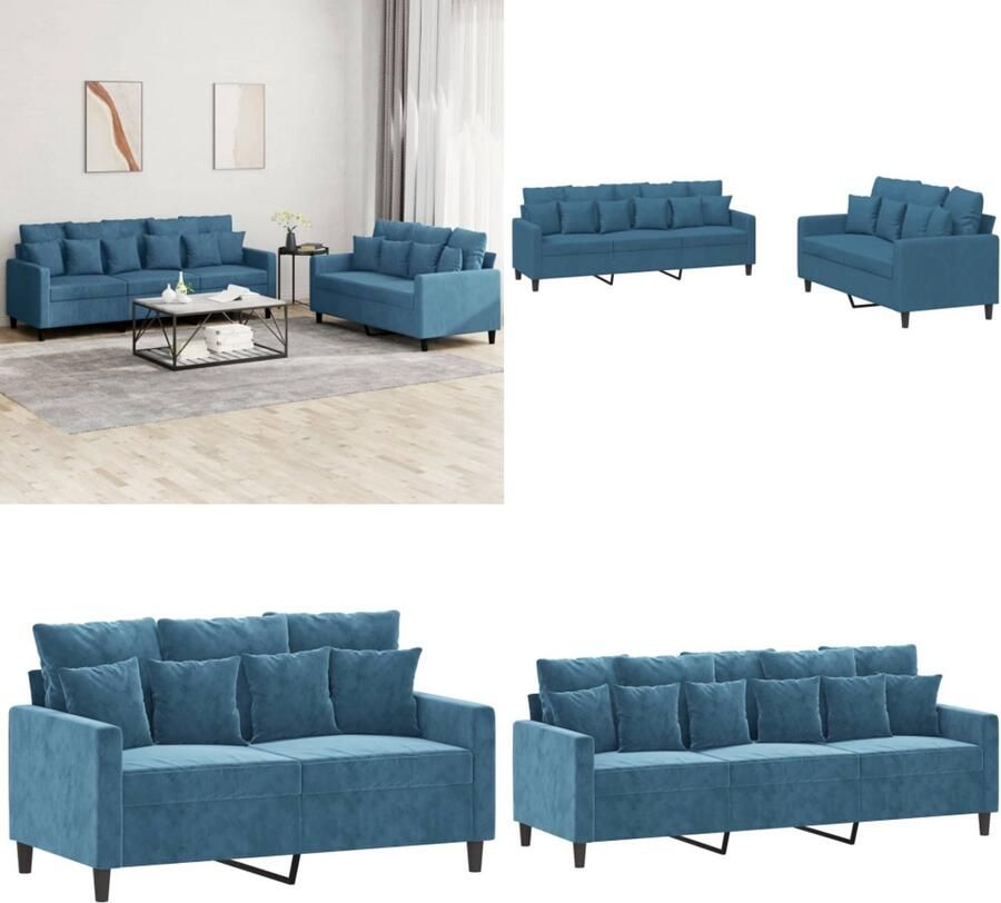 VidaXL 2-delige Loungeset met kussens fluweel blauw Bankstel Bankstellen Fauteuil 2-zitsbank