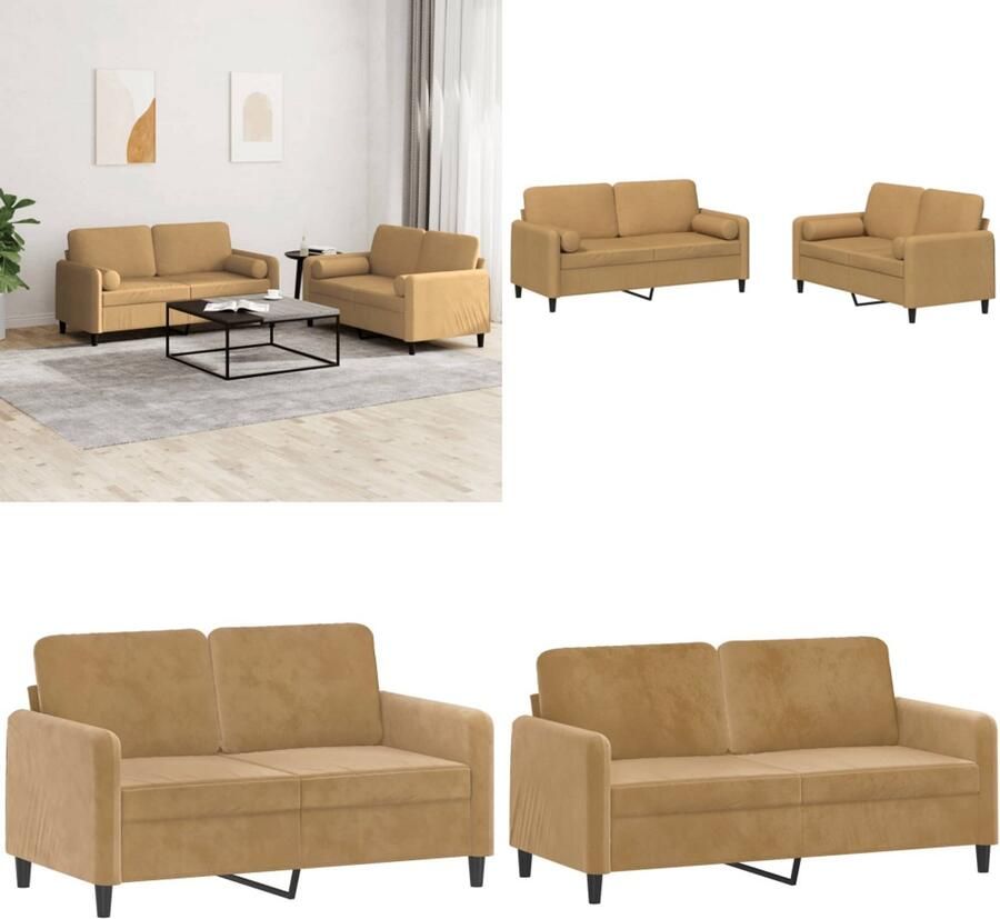 VidaXL 2-delige Loungeset met kussens fluweel bruin Bankstel Bankstellen Fauteuil 2-zitsbank