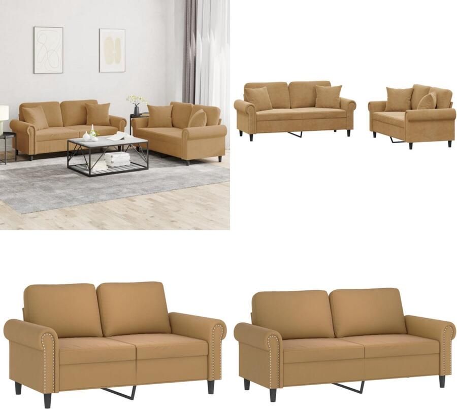 VidaXL 2-delige Loungeset met kussens fluweel bruin Bankstel Bankstellen Fauteuil 2-zitsbank