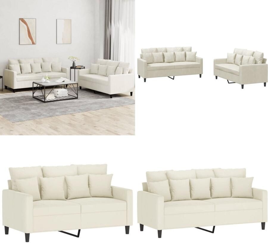 VidaXL 2-delige Loungeset met kussens fluweel crèmekleurig Bankstel Bankstellen Fauteuil 2-zitsbank