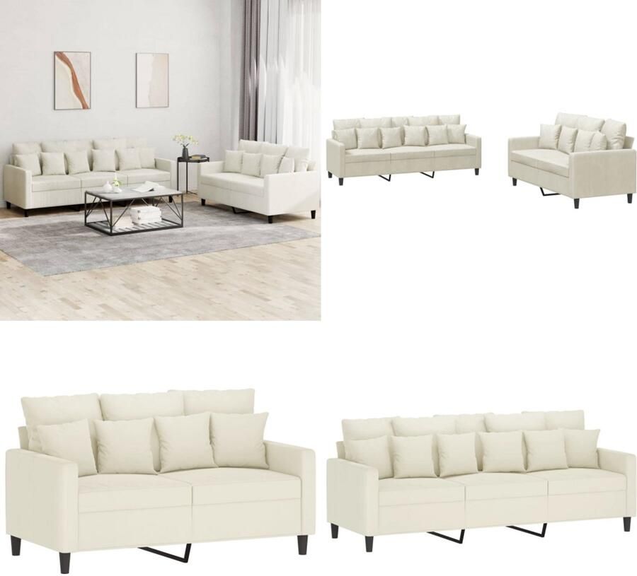 VidaXL 2-delige Loungeset met kussens fluweel crèmekleurig Bankstel Bankstellen Fauteuil 2-zitsbank