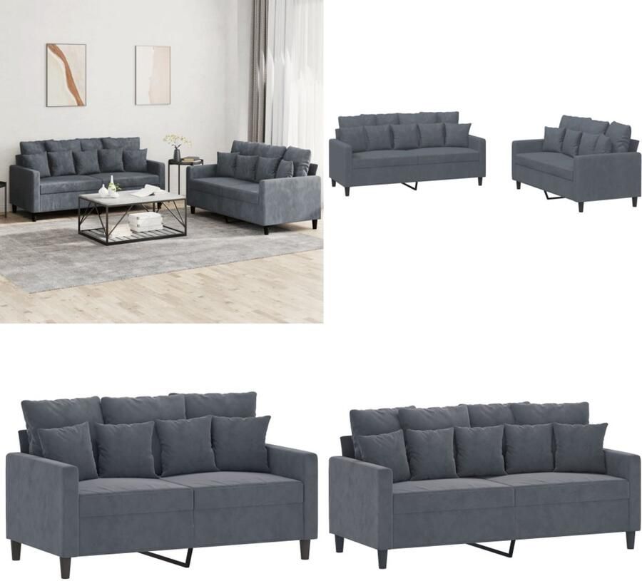 VidaXL 2-delige Loungeset met kussens fluweel donkergrijs Bankstel Bankstellen Fauteuil 2-zitsbank