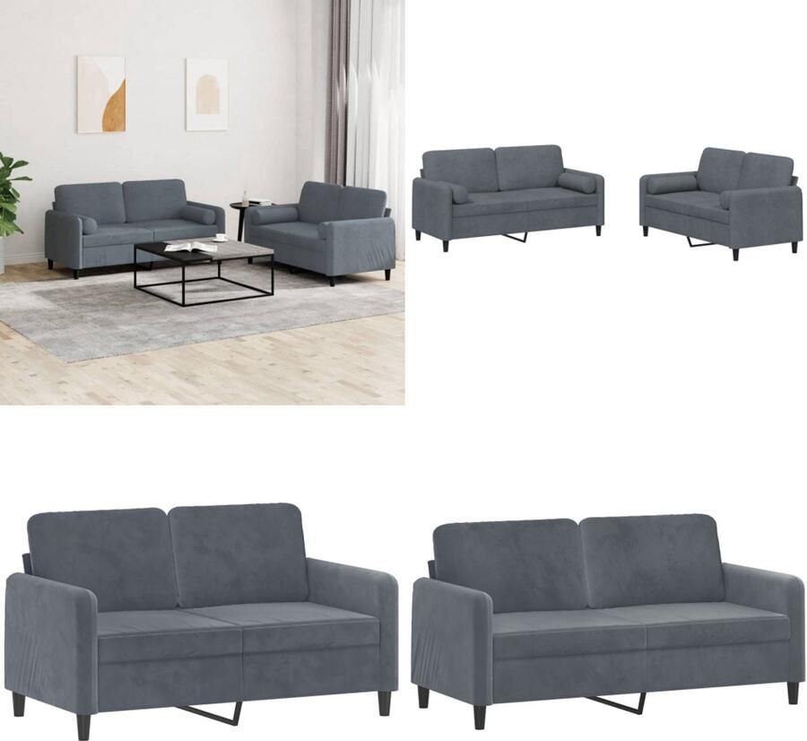 VidaXL 2-delige Loungeset met kussens fluweel donkergrijs Bankstel Bankstellen Fauteuil 2-zitsbank