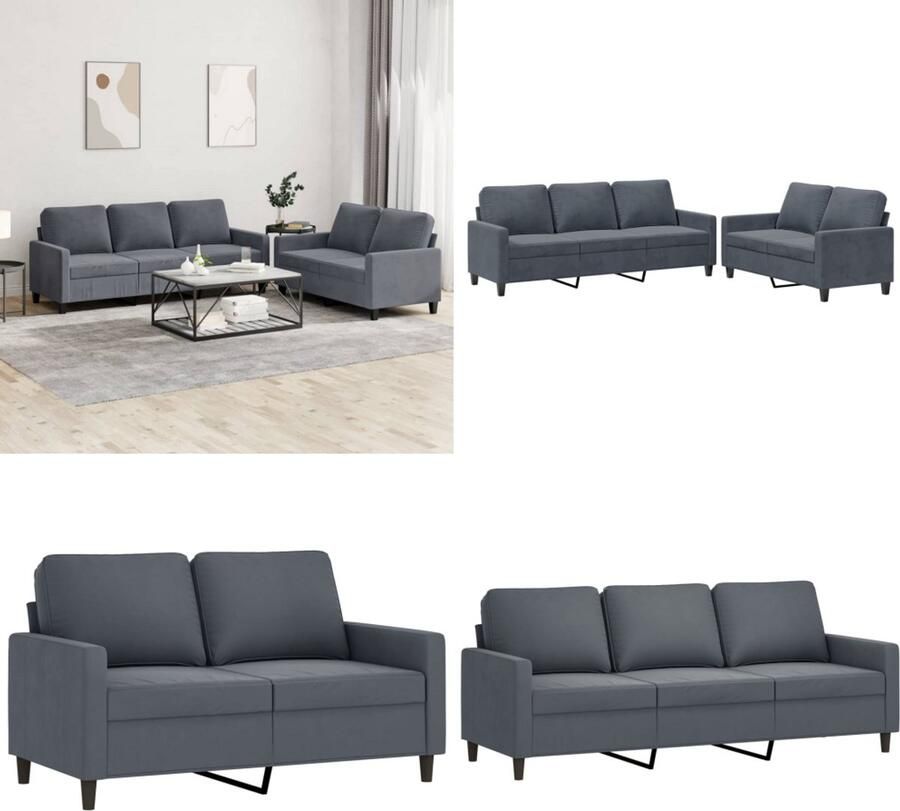 VidaXL 2-delige Loungeset met kussens fluweel donkergrijs Bankstel Bankstellen Fauteuil 2-zitsbank