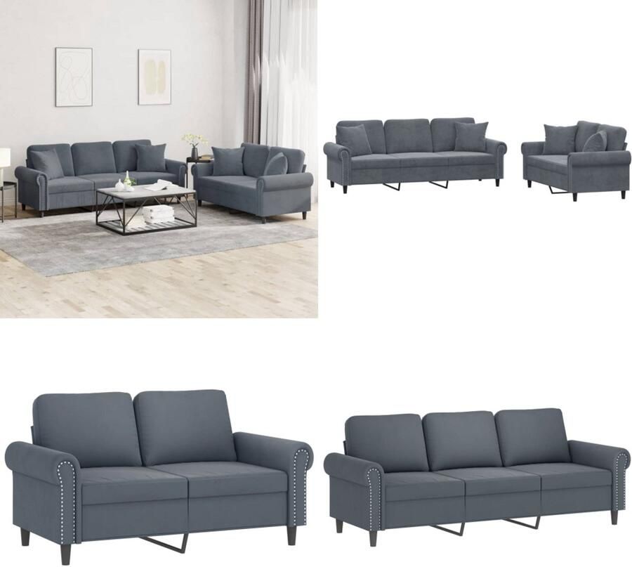 VidaXL 2-delige Loungeset met kussens fluweel donkergrijs Bankstel Bankstellen Fauteuil 2-zitsbank