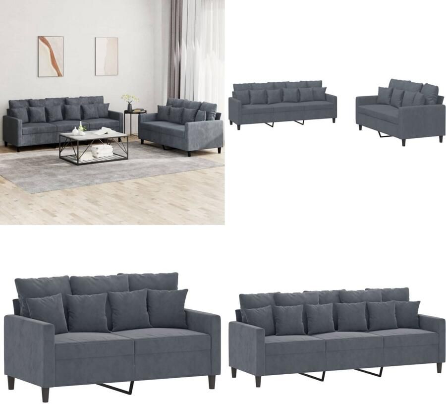 VidaXL 2-delige Loungeset met kussens fluweel donkergrijs Bankstel Bankstellen Fauteuil 2-zitsbank