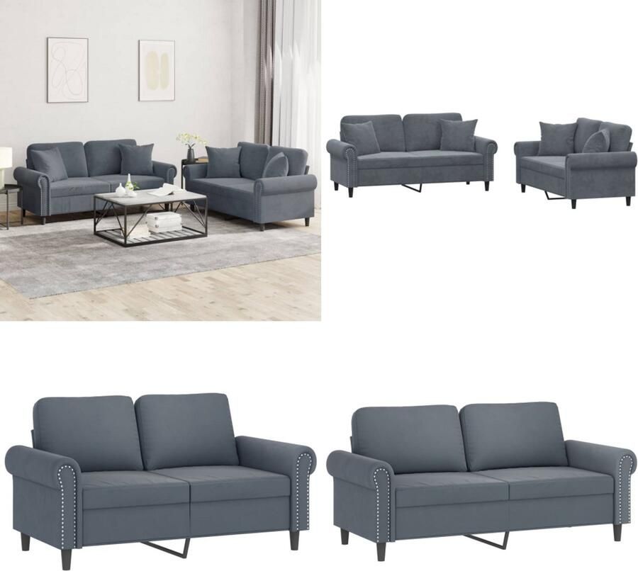VidaXL 2-delige Loungeset met kussens fluweel donkergrijs Bankstel Bankstellen Fauteuil 2-zitsbank