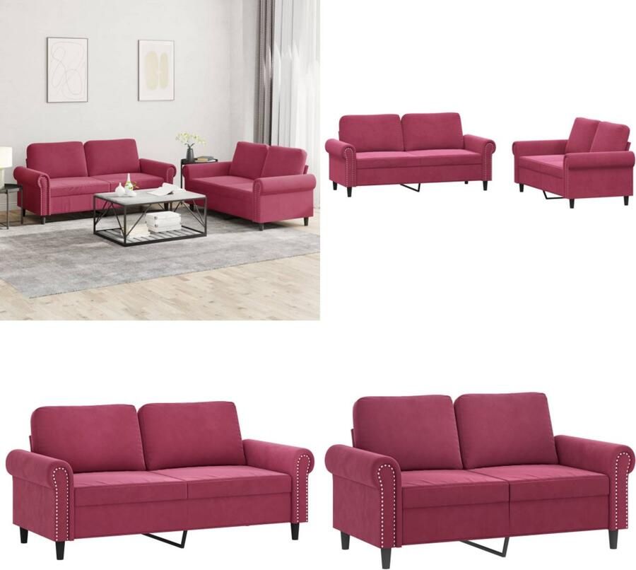 VidaXL 2-delige Loungeset met kussens fluweel wijnrood Bankstel Bankstellen Fauteuil 2-zitsbank