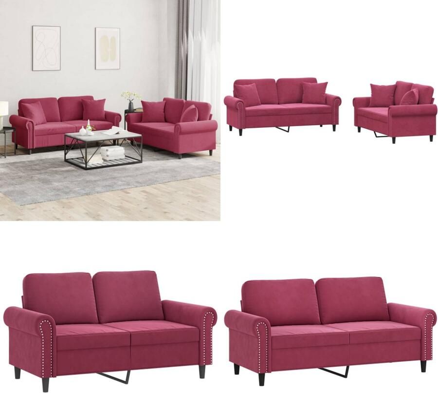 VidaXL 2-delige Loungeset met kussens fluweel wijnrood Bankstel Bankstellen Fauteuil 2-zitsbank