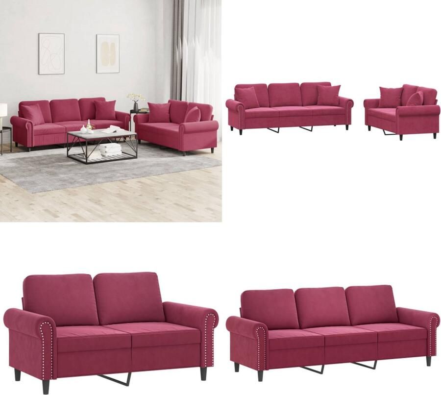 VidaXL 2-delige Loungeset met kussens fluweel wijnrood Bankstel Bankstellen Fauteuil 2-zitsbank