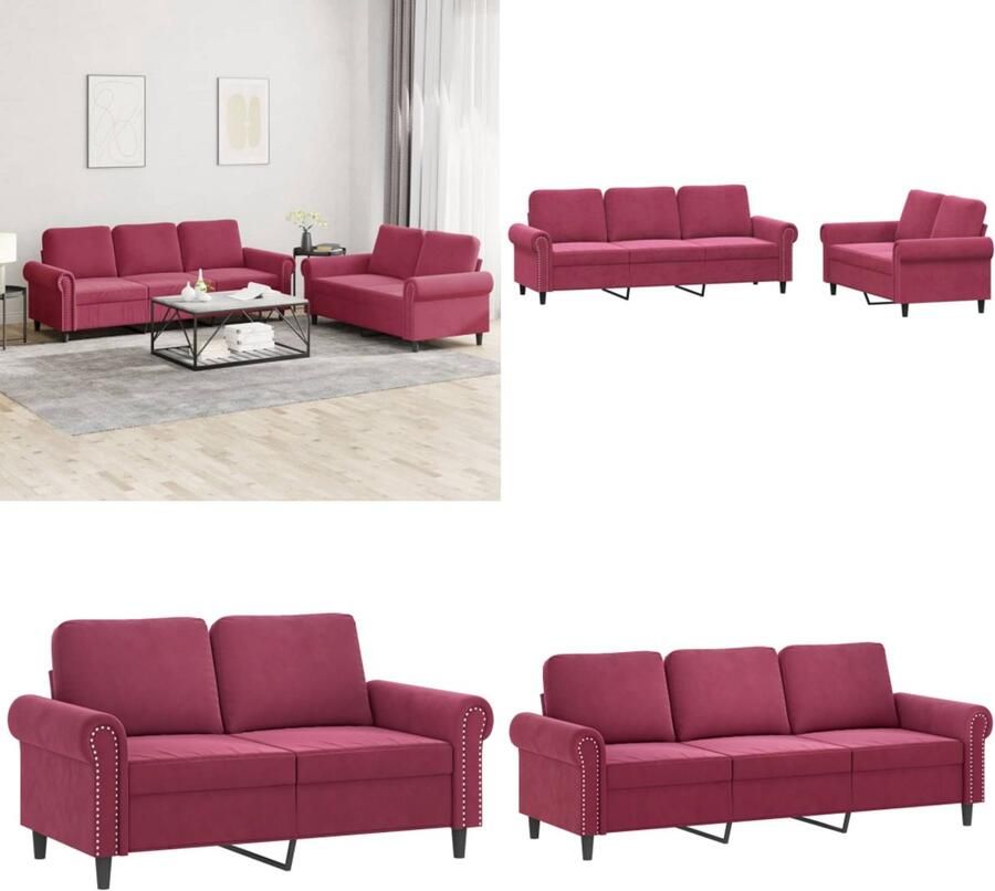 VidaXL 2-delige Loungeset met kussens fluweel wijnrood Bankstel Bankstellen Fauteuil 2-zitsbank