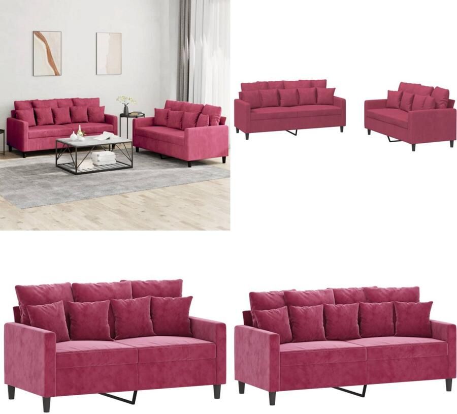 VidaXL 2-delige Loungeset met kussens fluweel wijnrood Bankstel Bankstellen Fauteuil 2-zitsbank