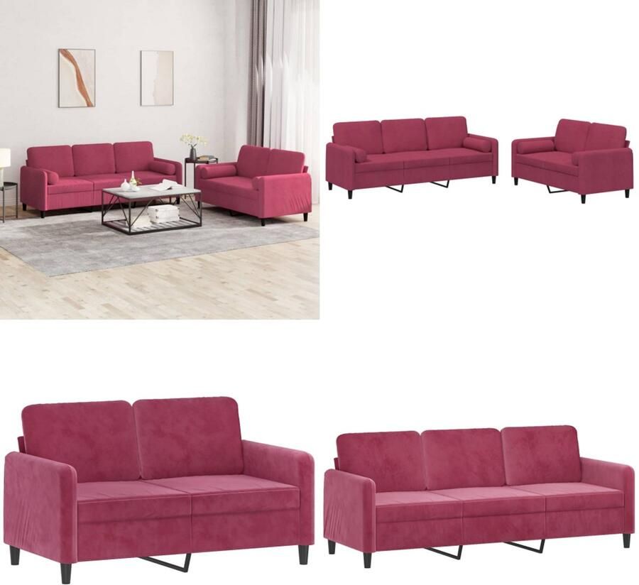 VidaXL 2-delige Loungeset met kussens fluweel wijnrood Bankstel Bankstellen Fauteuil 2-zitsbank