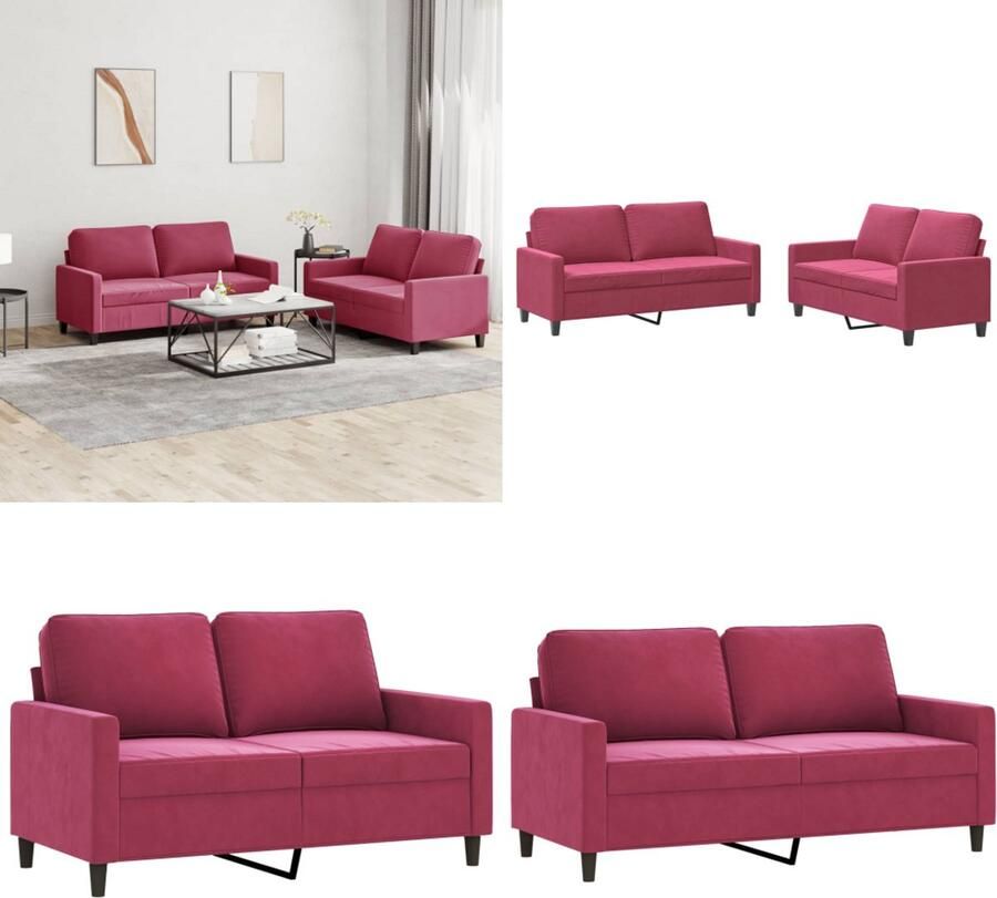 VidaXL 2-delige Loungeset met kussens fluweel wijnrood Bankstel Bankstellen Fauteuil 2-zitsbank