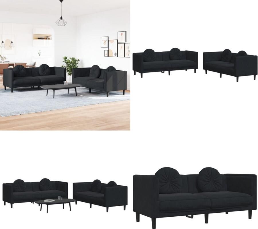 VidaXL 2-delige Loungeset met kussens fluweel zwart Bankstel Bankstellen Bankenset Bank