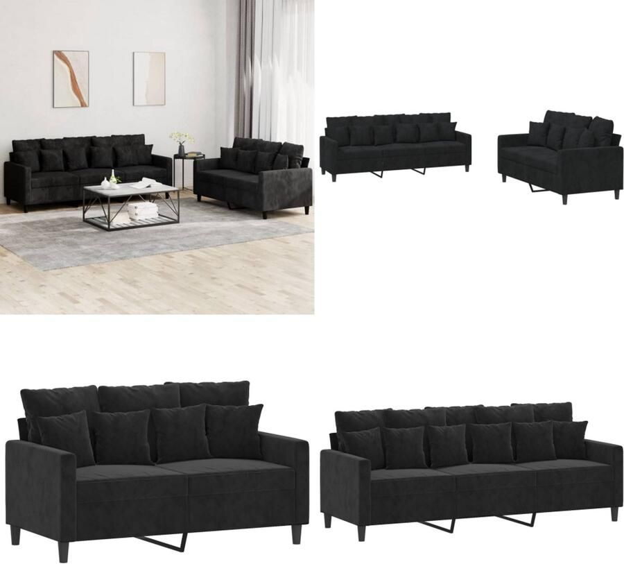 VidaXL 2-delige Loungeset met kussens fluweel zwart Bankstel Bankstellen Fauteuil 2-zitsbank