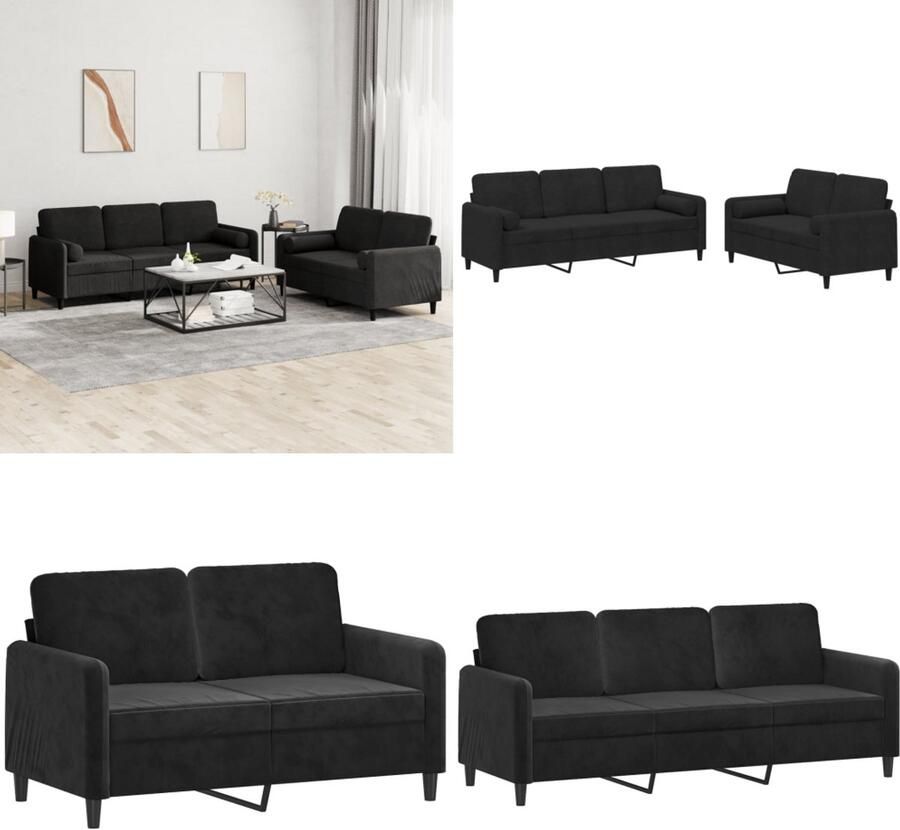 VidaXL 2-delige Loungeset met kussens fluweel zwart Bankstel Bankstellen Fauteuil 2-zitsbank