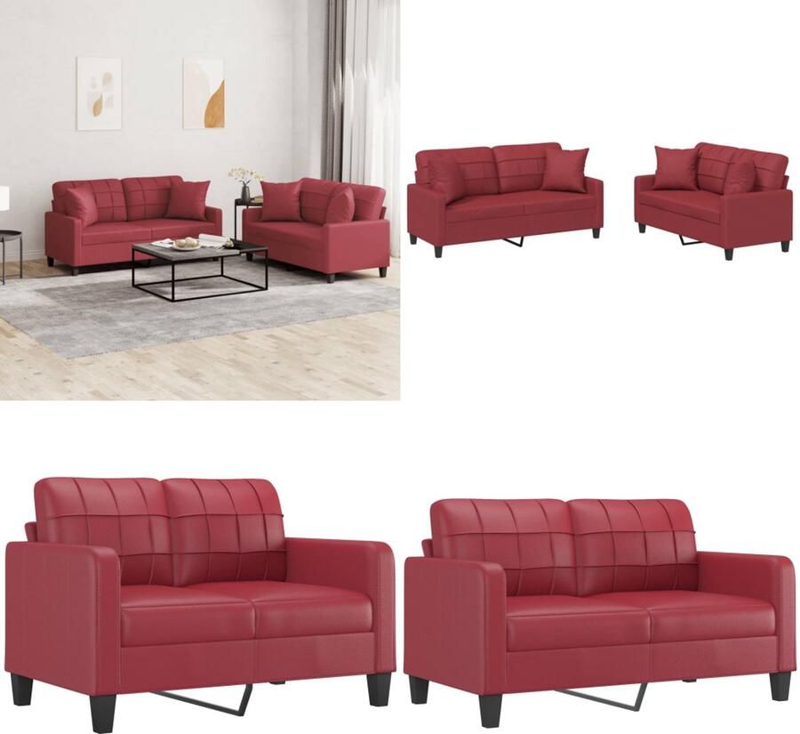 VidaXL 2-delige Loungeset met kussens kunstleer wijnrood Bankstel Bankstellen Fauteuil 2-zitsbank