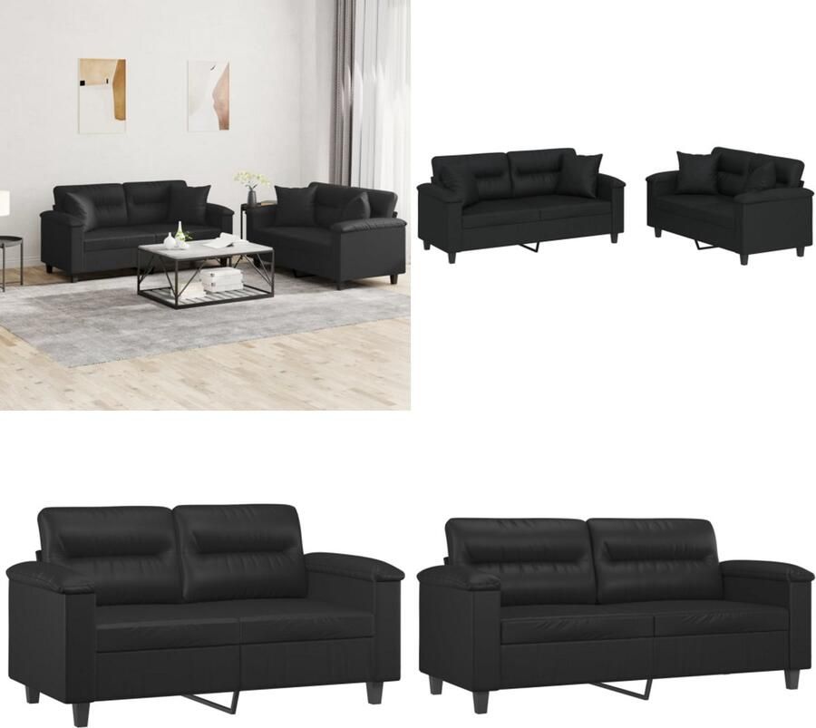 VidaXL 2-delige Loungeset met kussens kunstleer zwart Bankstel Bankstellen Fauteuil 2-zitsbank