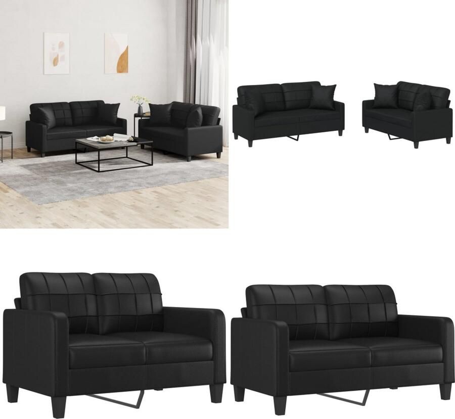 VidaXL 2-delige Loungeset met kussens kunstleer zwart Bankstel Bankstellen Fauteuil 2-zitsbank