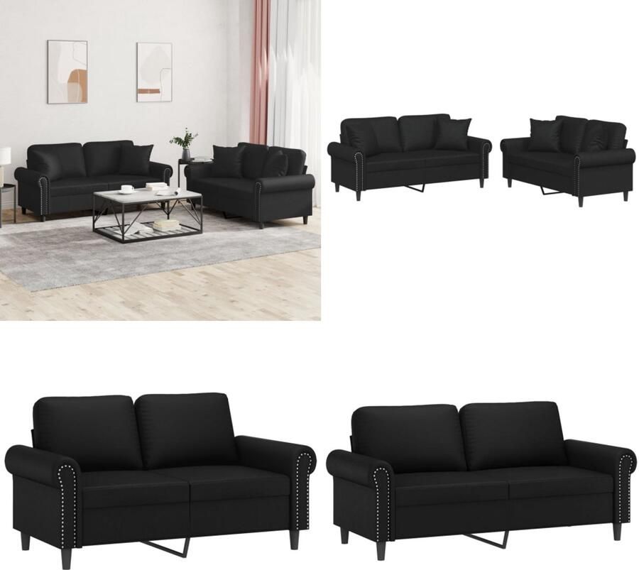 VidaXL 2-delige Loungeset met kussens kunstleer zwart Bankstel Bankstellen Fauteuil 2-zitsbank