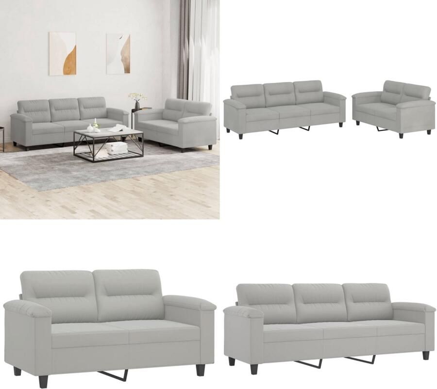 VidaXL 2-delige Loungeset met kussens microvezelstof lichtgrijs Bankstel Bankstellen Fauteuil 2-zitsbank