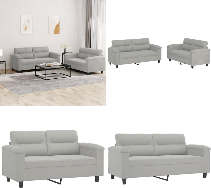 VidaXL 2-delige Loungeset met kussens microvezelstof lichtgrijs Bankstel Bankstellen Fauteuil 2-zitsbank