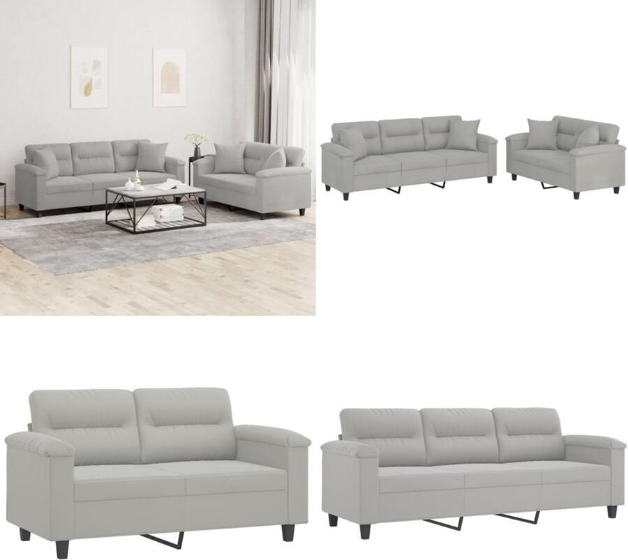 VidaXL 2-delige Loungeset met kussens microvezelstof lichtgrijs Bankstel Bankstellen Fauteuil 2-zitsbank