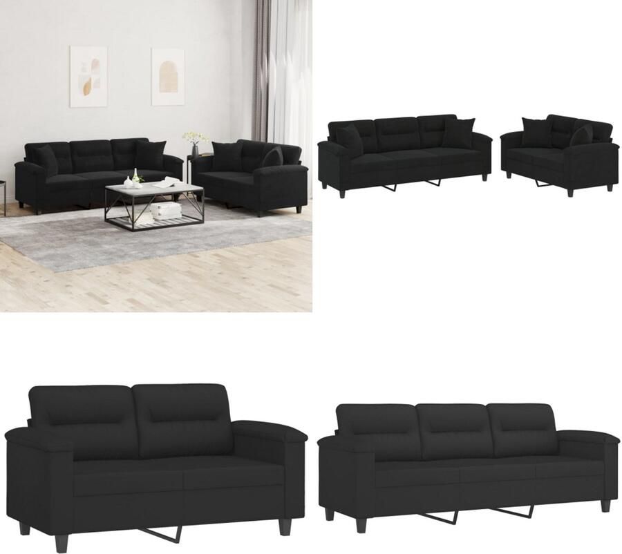 VidaXL 2-delige Loungeset met kussens microvezelstof zwart Bankstel Bankstellen Fauteuil 2-zitsbank