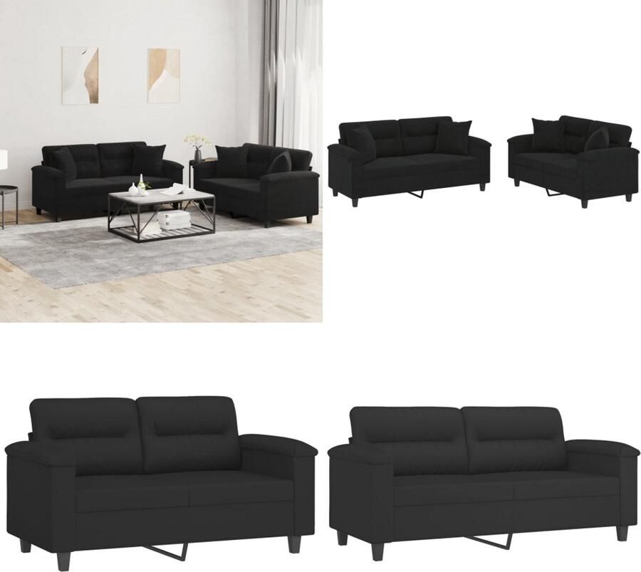 VidaXL 2-delige Loungeset met kussens microvezelstof zwart Bankstel Bankstellen Fauteuil 2-zitsbank