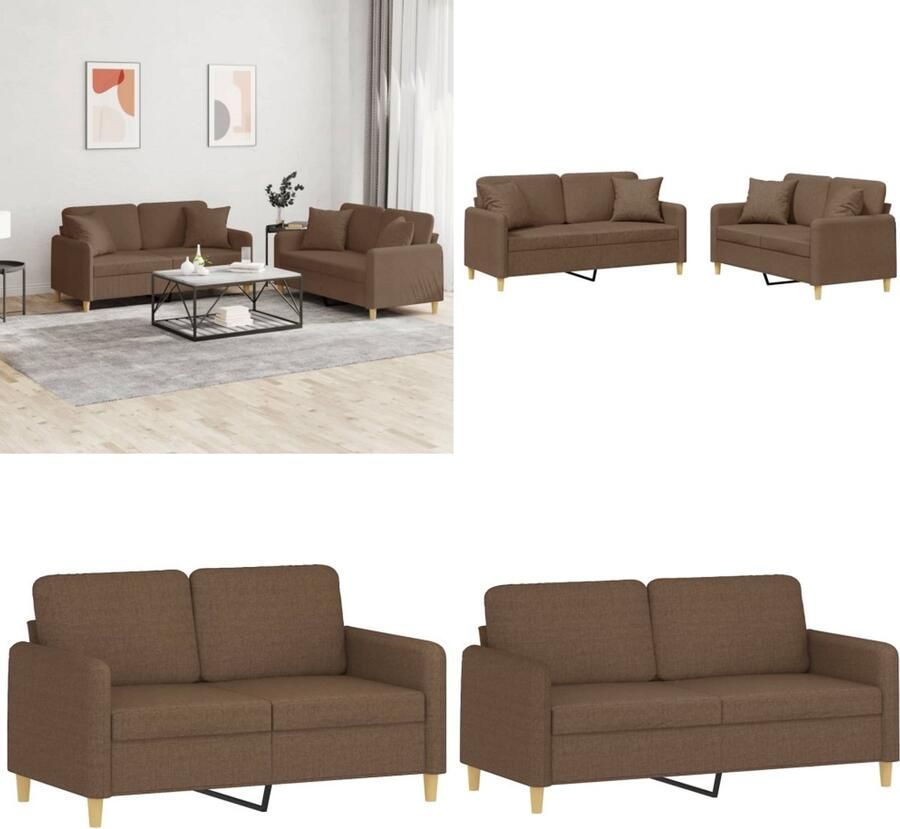VidaXL 2-delige Loungeset met kussens stof bruin Bankstel Bankstellen Fauteuil 2-zitsbank